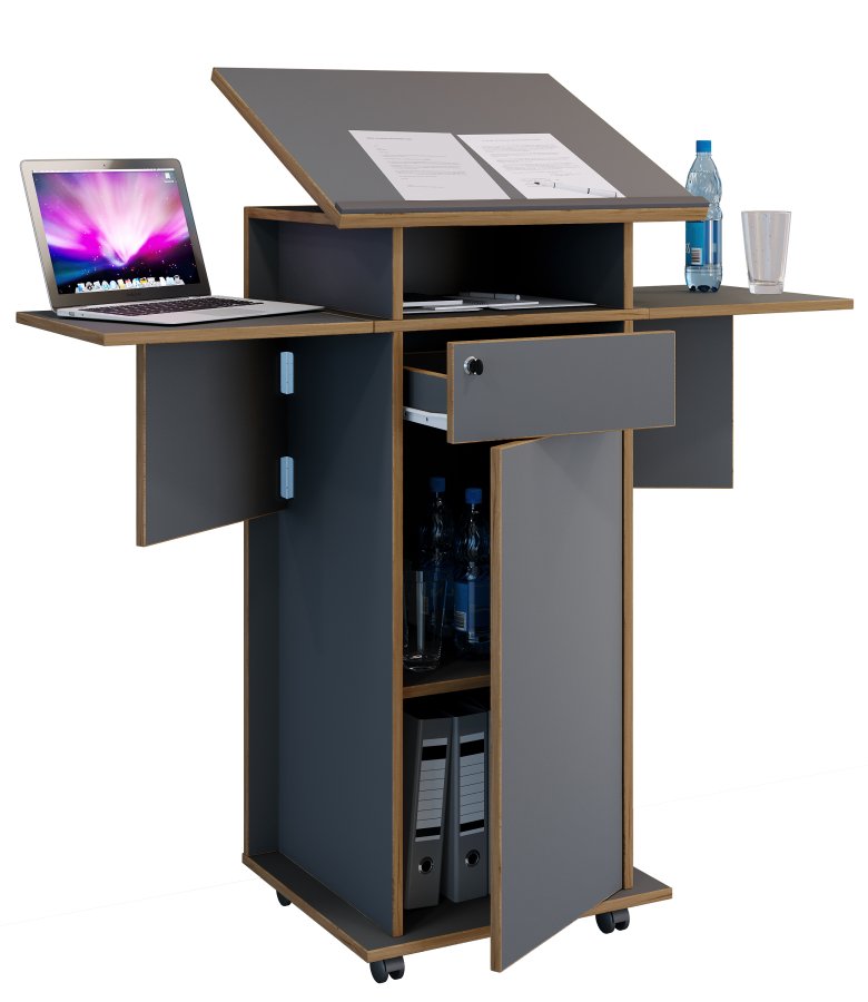 VCM NORDIC Salia L stende skrivebord, justerbar top, 1 lsbar skuffe, lge, hjul - gr/natur tr