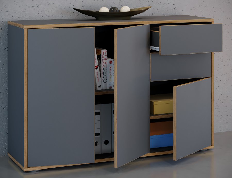 VCM NORDIC Salia B110 kontorkommode, m. 3 lger, 2 skuffer, 2 hylder - antracitgr/natur tr