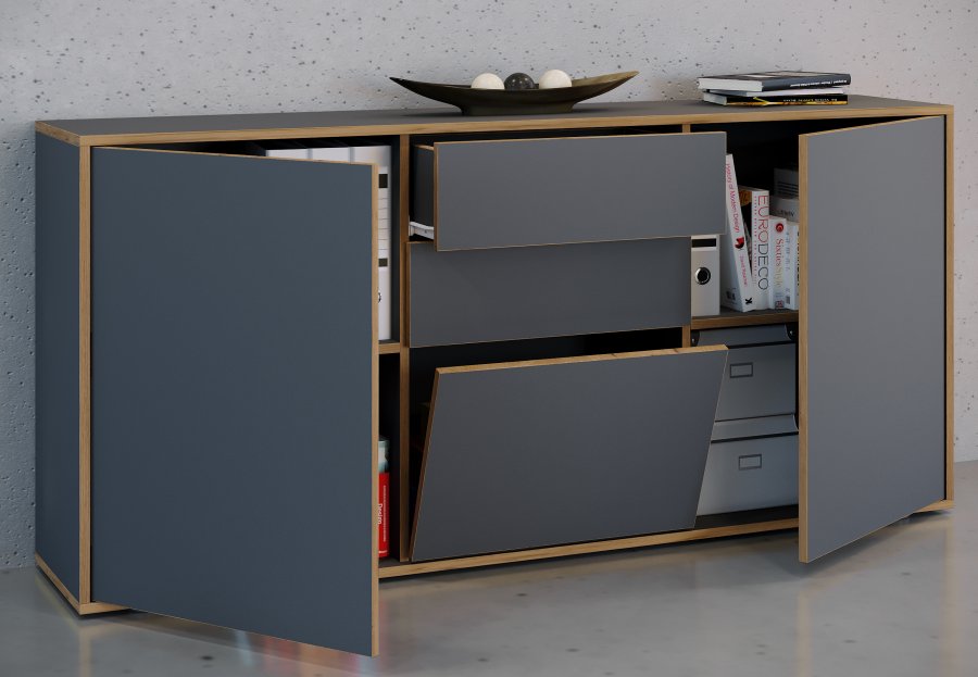 VCM NORDIC Salia B160 kontorkommode, m. 3 lger, 2 skuffer, 2 hylder - antracitgr/natur tr