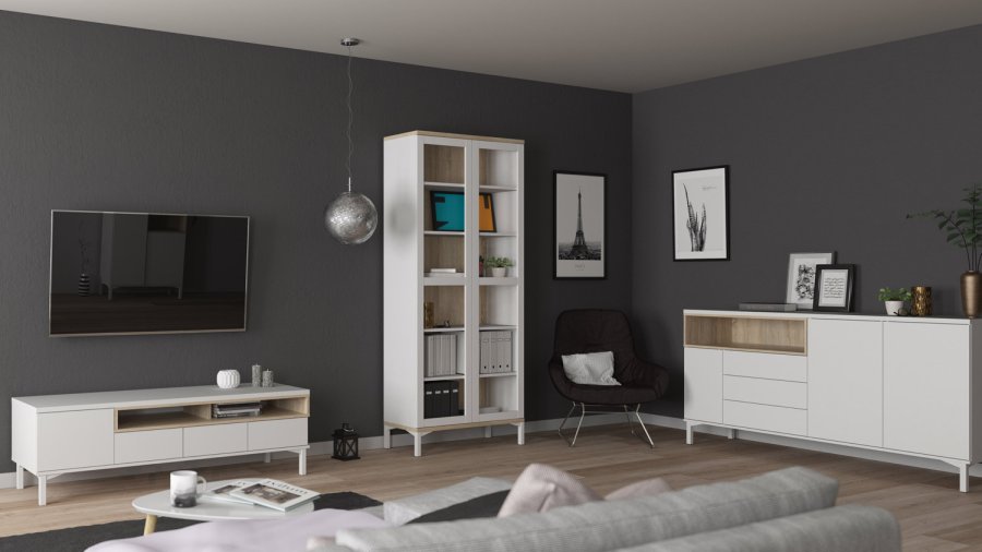 TVILUM Roomers TV-bord - hvid/egetrstruktur, m. 1 lge og 3 skuffer (156 cm)