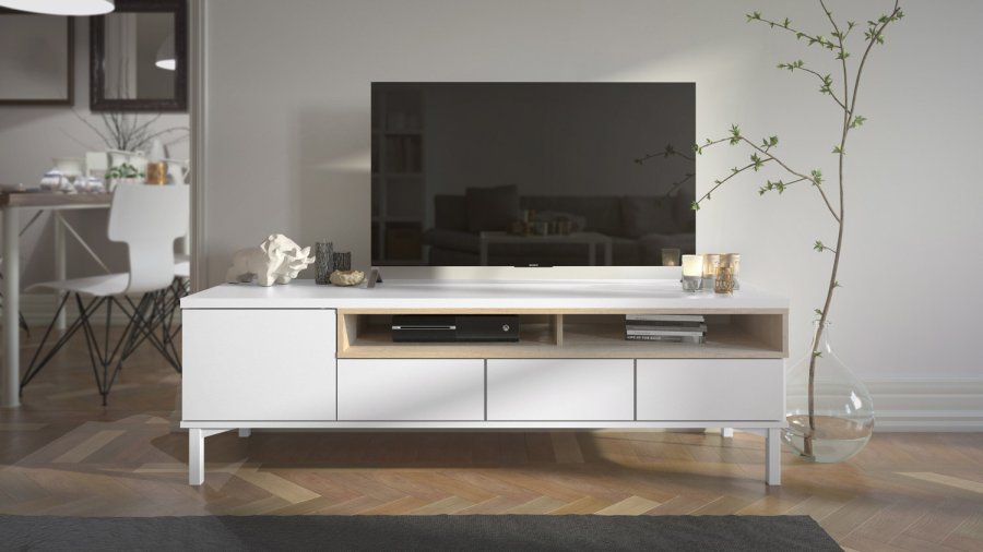 TVILUM Roomers TV-bord - hvid/egetrstruktur, m. 1 lge og 3 skuffer (156 cm)