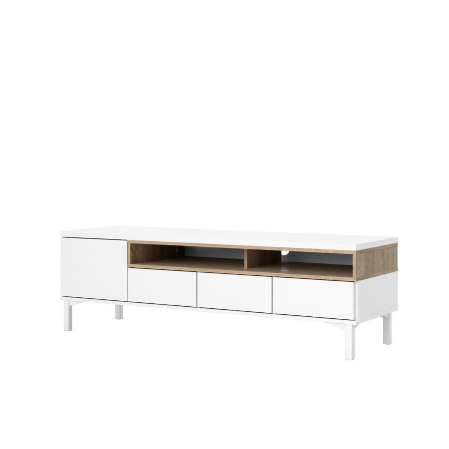 TVILUM Roomers TV-bord - hvid/egetrstruktur, m. 1 lge og 3 skuffer (156 cm)