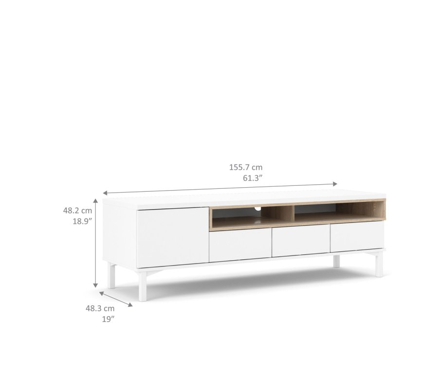 TVILUM Roomers TV-bord - hvid/egetrstruktur, m. 1 lge og 3 skuffer (156 cm)