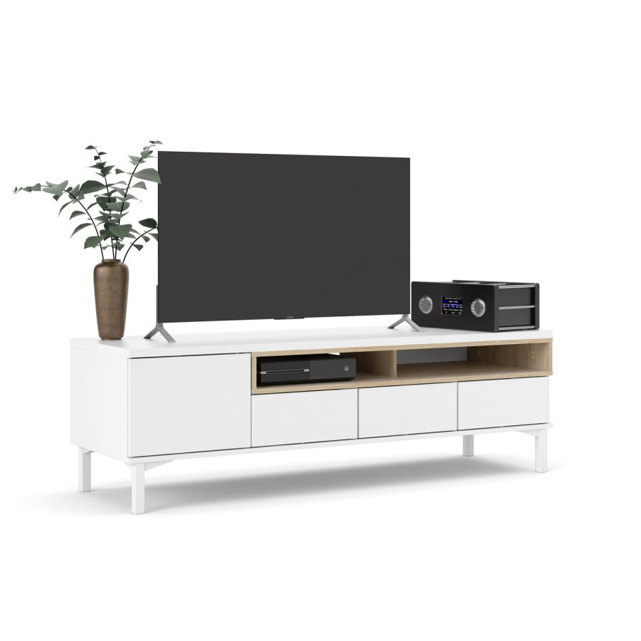 TVILUM Roomers TV-bord - hvid/egetrstruktur, m. 1 lge og 3 skuffer (156 cm)