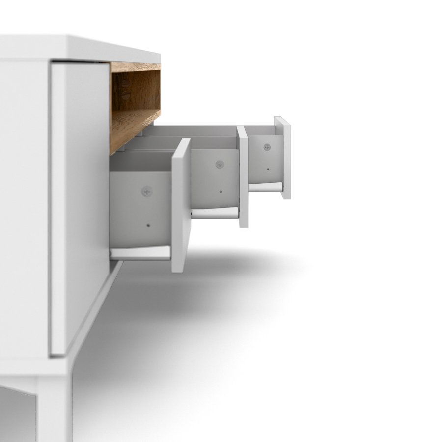 TVILUM Roomers TV-bord - hvid/egetrstruktur, m. 1 lge og 3 skuffer (156 cm)