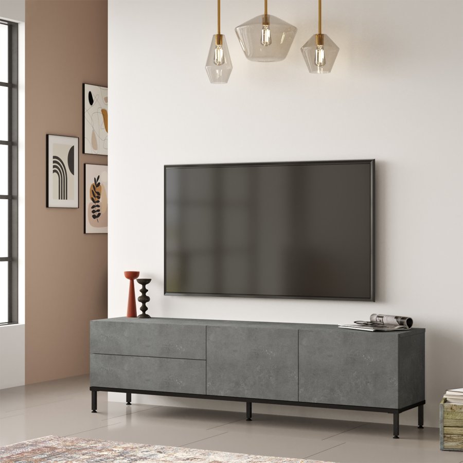 NORDVÄRK LV6 TV-bord, m. 4 lger og 1 hylde - slv melamin og sort metal (170,3x35,5)