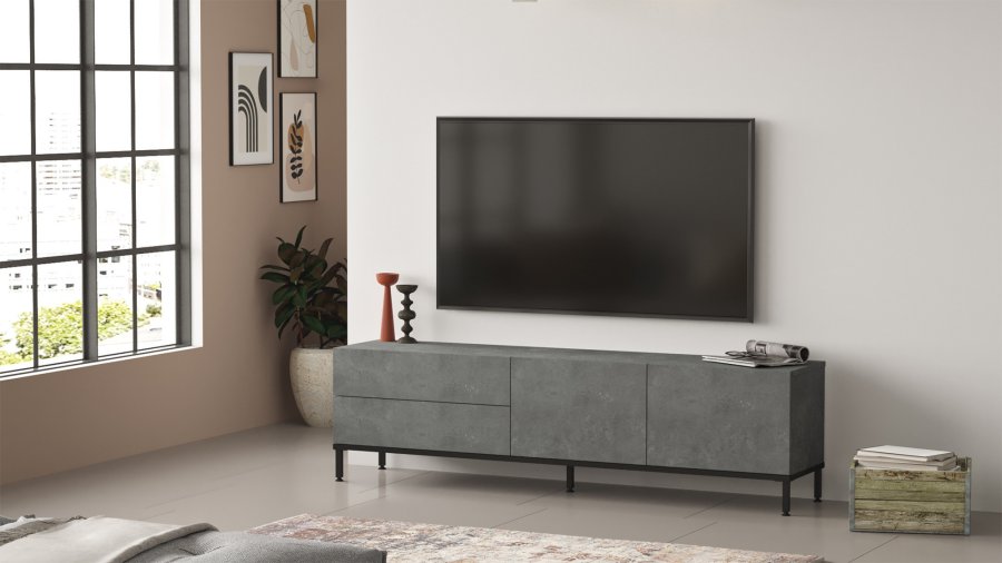 NORDVÄRK LV6 TV-bord, m. 4 lger og 1 hylde - slv melamin og sort metal (170,3x35,5)