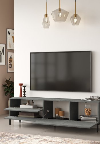 NORDVÄRK LV6 TV-bord, m. 4 lger og 1 hylde - slv melamin og sort metal (170,3x35,5)