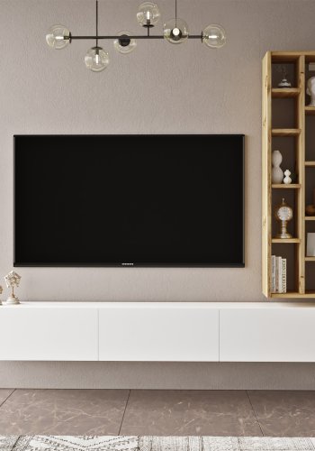 NORDVÄRK LV9 TV-bord og vgreol, m. 3 lger - hvid og natur melamin