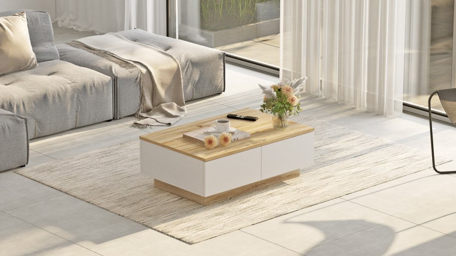 NORDVÄRK LV17 sofabord, m. 2 lger - natur og hvid melamin (90x60)