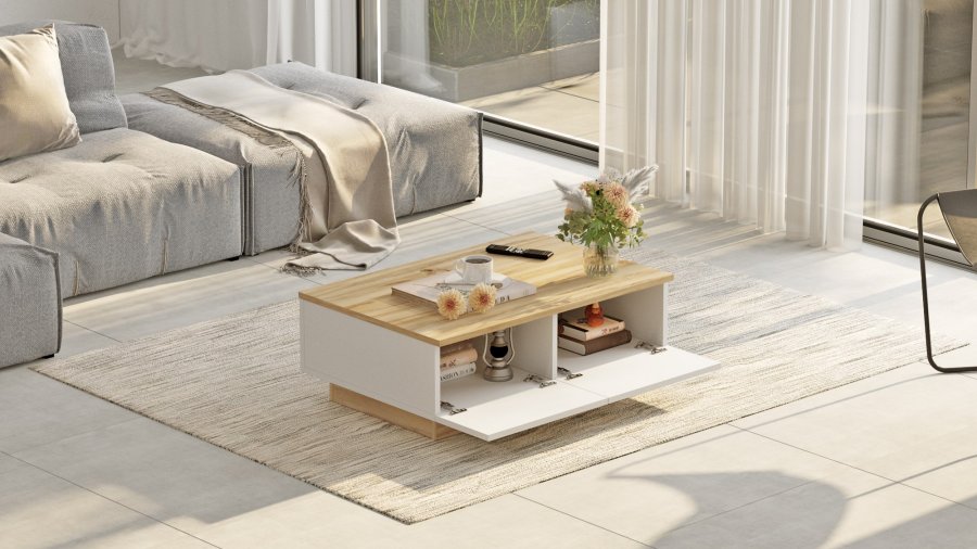 NORDVÄRK LV17 sofabord, m. 2 lger - natur og hvid melamin (90x60)