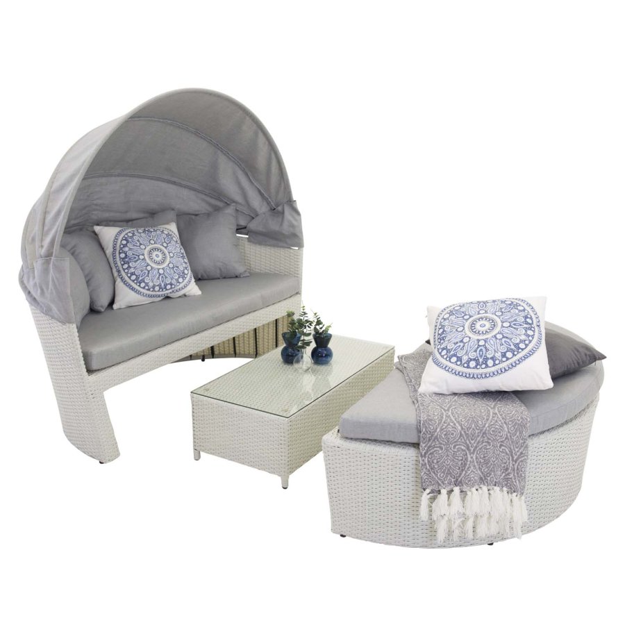 VENTURE DESIGN Padova lovebed/havest med havebord og stofhynder - hvid rattan og aluminium