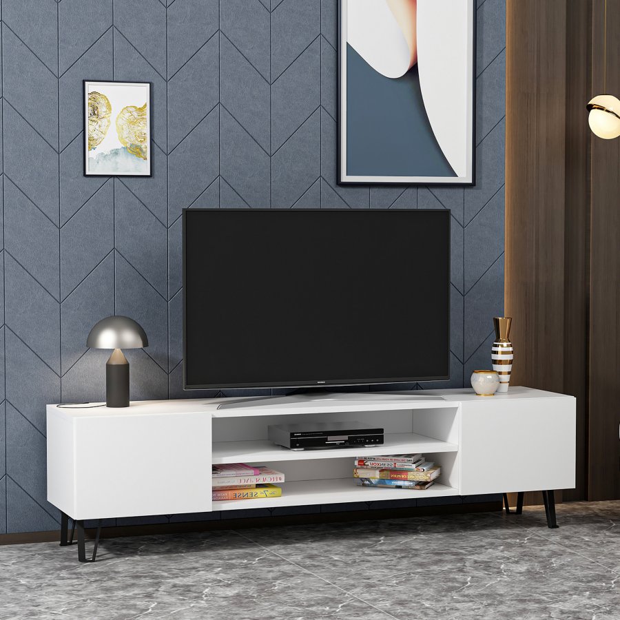 NORDVÄRK Bloom TV-bord, m. 2 lger og 1 hylde - hvid melamin (160x37,4)