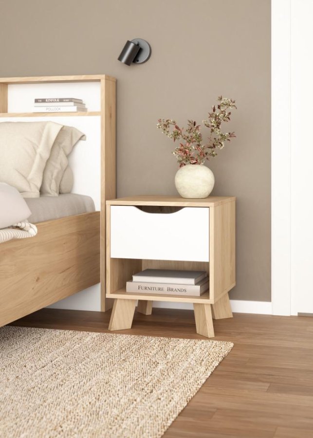 TVILUM Ikast Natbord 1 skuffe, Jackson Hickory / Hvid, 40,2 x 39,8 x 47,4 cm