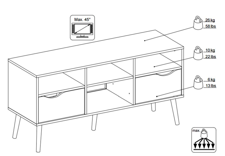 TVILUM Delta TV-bord - hvid/egestruktur, m. 2 skuffer og 4 rum