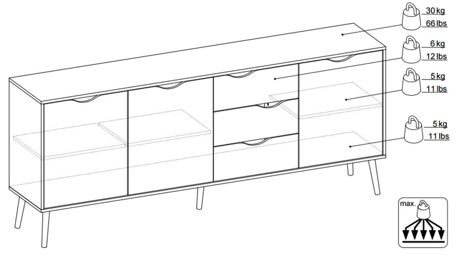 TVILUM Delta sknk - hvid/egestruktur, m. 3 lger og 3 skuffer