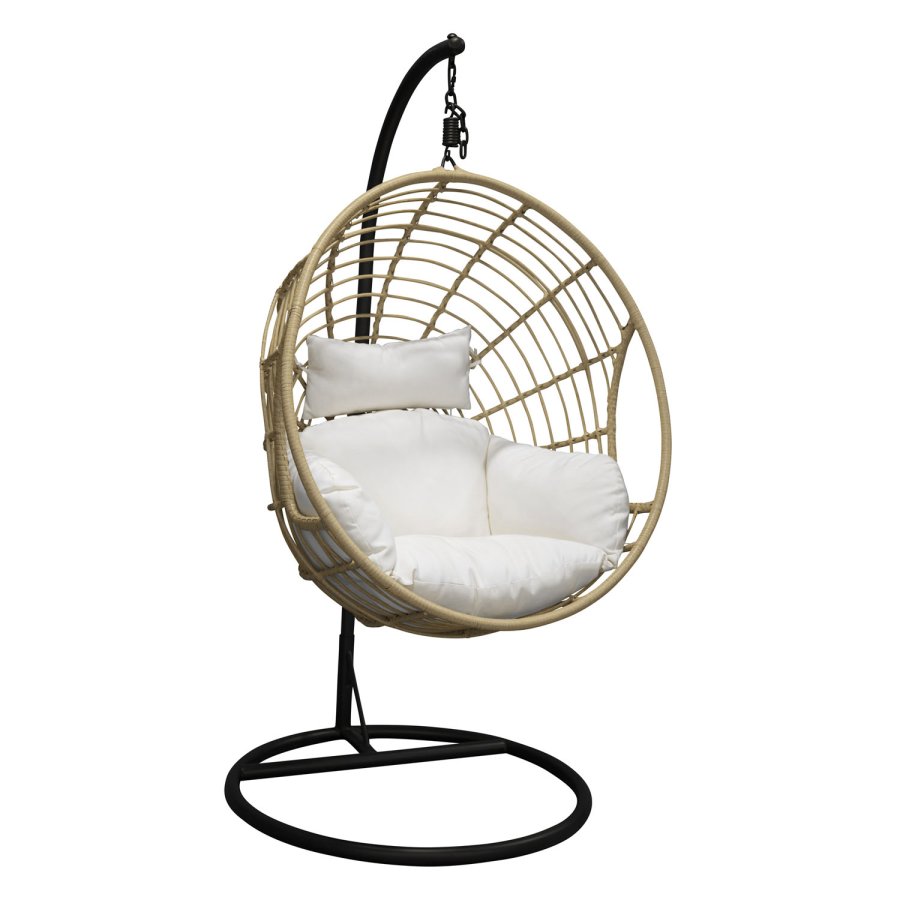 VENTURE DESIGN rund Viga udendrs hngestol m. hynde - offwhite stof, natur rattan og sort stl