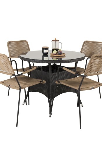 VENTURE DESIGN Lindos havestol, m. armln - beige polyester reb, sort aluminium og stl