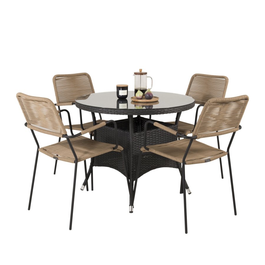 VENTURE DESIGN Lindos havestol, m. armln - beige polyester reb, sort aluminium og stl