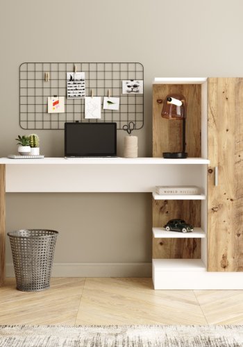 NORDVÄRK Ct2-Aw skrivebord, m. 1 lge og 5 hylder - hvid og Atlantic Pine melamin (152,3x40)