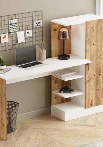 NORDVÄRK Ct2-Aw skrivebord, m. 1 lge og 5 hylder - hvid og Atlantic Pine melamin (152,3x40)