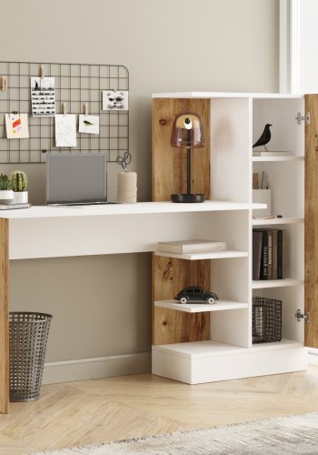 NORDVÄRK Ct2-Aw skrivebord, m. 1 lge og 5 hylder - hvid og Atlantic Pine melamin (152,3x40)