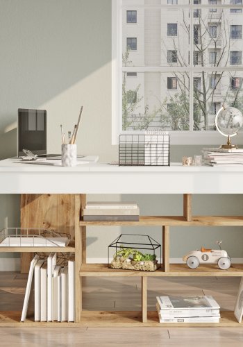 NORDVÄRK Ct5-Aw hjrne skrivebord, m. 5 hylder - hvid og Atlantic Pine melamin (129x120)