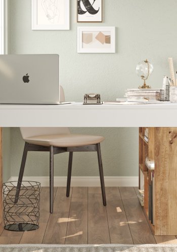 NORDVÄRK Ct5-Aw hjrne skrivebord, m. 5 hylder - hvid og Atlantic Pine melamin (129x120)