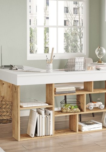 NORDVÄRK Ct5-Aw hjrne skrivebord, m. 5 hylder - hvid og Atlantic Pine melamin (129x120)