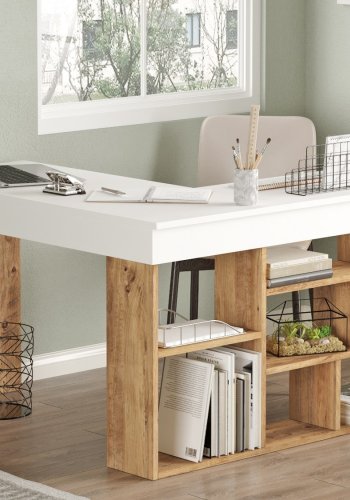 NORDVÄRK Ct5-Aw hjrne skrivebord, m. 5 hylder - hvid og Atlantic Pine melamin (129x120)