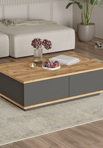 NORDVÄRK FR14-AA sofabord, m. 2 lger - rektangulr - natur og antracitgr melamin (90x60)