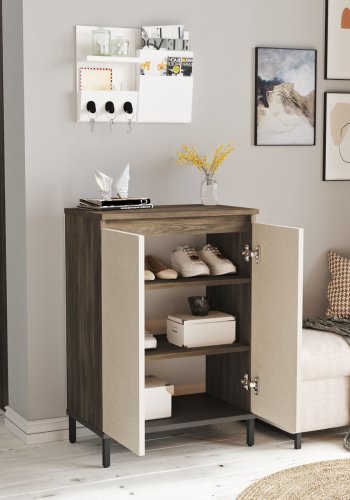 NORDVÄRK VE1 multifunktionsskab, m. 2 lger og 2 hylder - brun og antracitgr melamin og metal