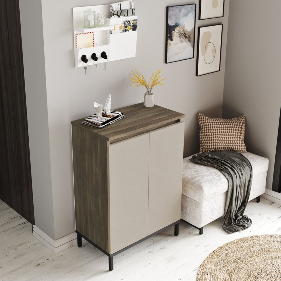 NORDVÄRK VE1 multifunktionsskab, m. 2 lger og 2 hylder - brun og antracitgr melamin og metal