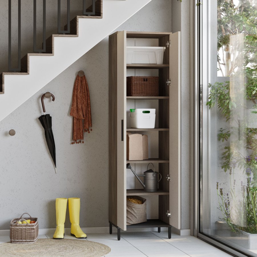 NORDVÄRK VE4 multifunktionsskab, m. 2 lger og 5 hylder - brun og antracitgr melamin og metal