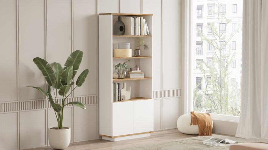 FUNZI LIVING Fr16 bogreol, m. 2 lger og 4 hylder - hvid og Atlantic Pine melamin