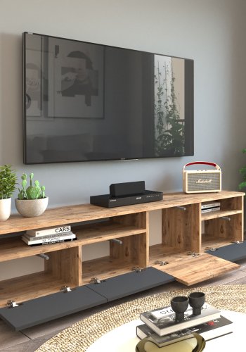 NORDVÄRK FR5 TV-bord, m. 4 lger og 2 hylder - natur og antracitgr melamin (180x44,5)