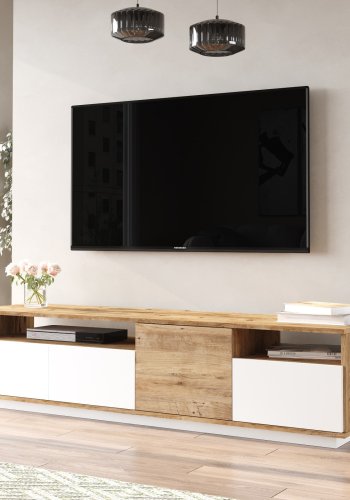 NORDVÄRK FR5 TV-bord, m. 4 lger og 2 hylder - natur og hvid melamin (180x44,5)