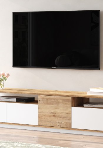 NORDVÄRK FR5 TV-bord, m. 4 lger og 2 hylder - natur og hvid melamin (180x44,5)