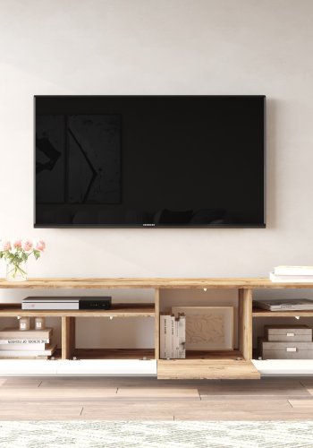 NORDVÄRK FR5 TV-bord, m. 4 lger og 2 hylder - natur og hvid melamin (180x44,5)