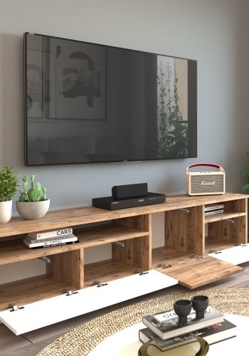 NORDVÄRK FR5 TV-bord, m. 4 lger og 2 hylder - natur og hvid melamin (180x44,5)