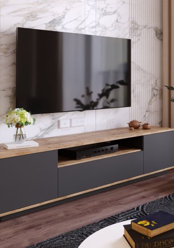 NORDVÄRK FR7 TV-bord, m. 3 lger og 1 hylde - natur og antracitgr melamin (180x44,5)