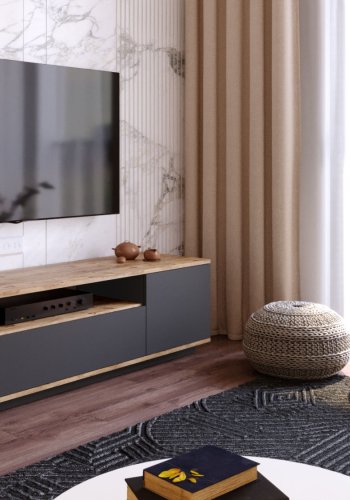 NORDVÄRK FR7 TV-bord, m. 3 lger og 1 hylde - natur og antracitgr melamin (180x44,5)