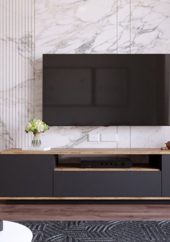 NORDVÄRK FR7 TV-bord, m. 3 lger og 1 hylde - natur og antracitgr melamin (180x44,5)