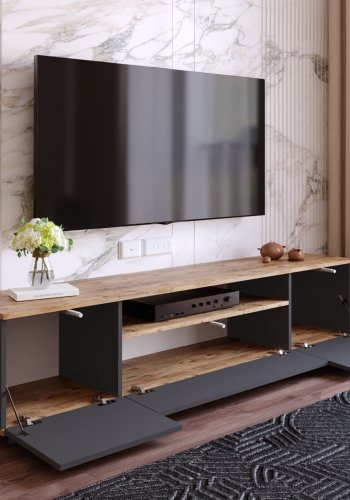 NORDVÄRK FR7 TV-bord, m. 3 lger og 1 hylde - natur og antracitgr melamin (180x44,5)