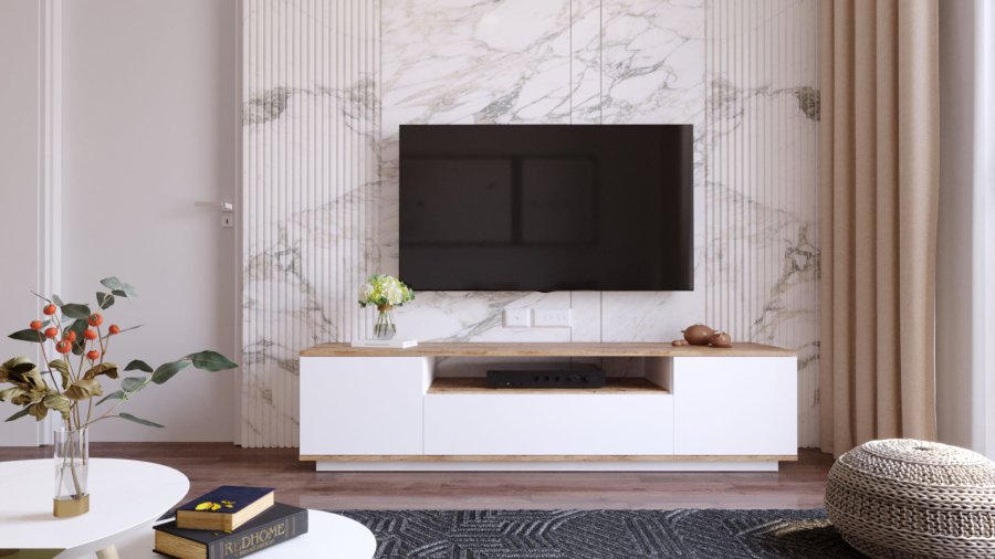 NORDVÄRK FR7 TV-bord, m. 3 lger og 1 hylde - natur og hvid melamin (180x44,5)