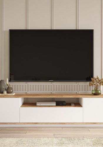 NORDVÄRK FR7 TV-bord, m. 3 lger og 1 hylde - natur og hvid melamin (180x44,5)