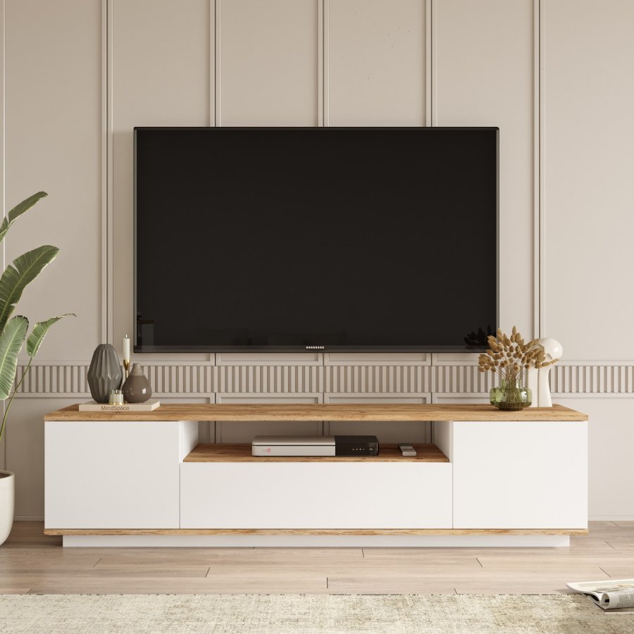 NORDVÄRK FR7 TV-bord, m. 3 lger og 1 hylde - natur og hvid melamin (180x44,5)