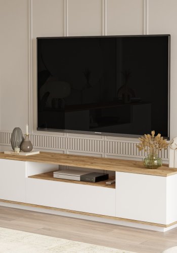 NORDVÄRK FR7 TV-bord, m. 3 lger og 1 hylde - natur og hvid melamin (180x44,5)