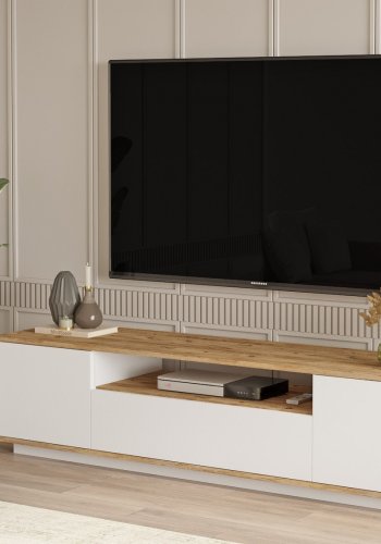 NORDVÄRK FR7 TV-bord, m. 3 lger og 1 hylde - natur og hvid melamin (180x44,5)