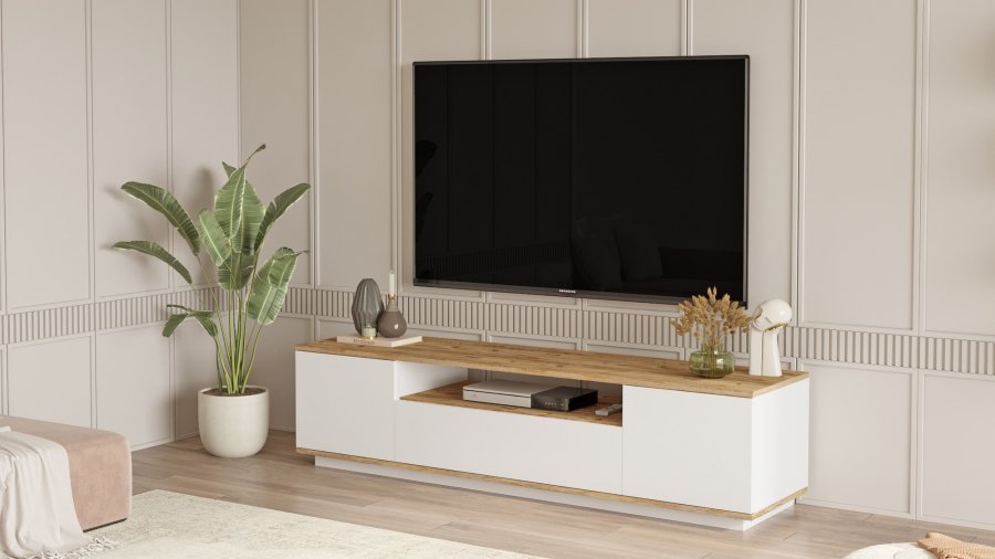 NORDVÄRK FR7 TV-bord, m. 3 lger og 1 hylde - natur og hvid melamin (180x44,5)